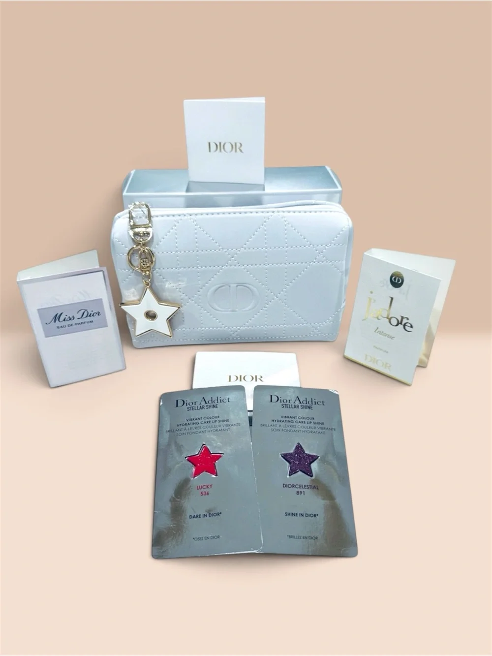 Dior White Quilted Cosmetic Pouch with Star Charm Keychain